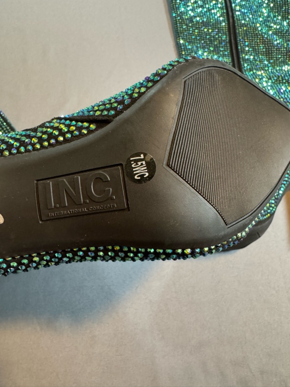 INC International Concepts Iridescent Green Rhinestone Knee High Boots - Picture 3 of 6